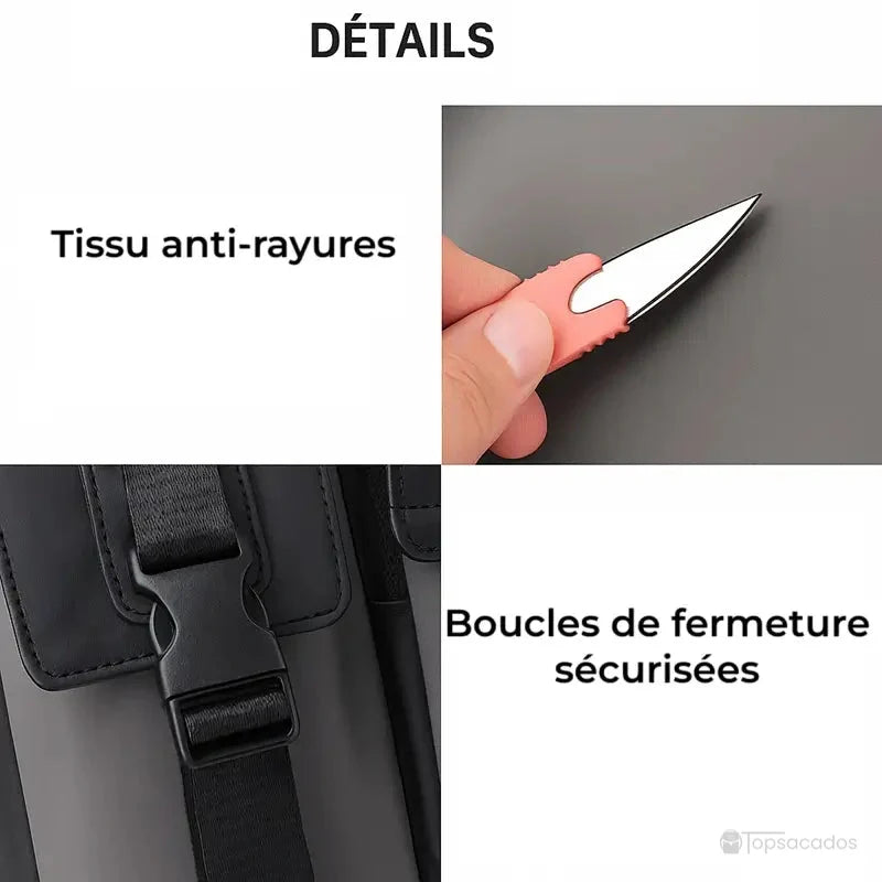 Sac à dos à fermeture enroulable avec tissu anti-rayures et boucles de sécurité visibles en gros plan pour illustrer la résistance et la fiabilité du produit.