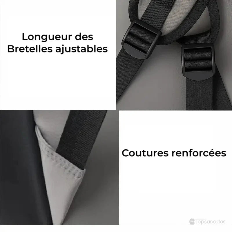 Sac à dos à fermeture enroulable avec focus sur les bretelles ajustables et les coutures renforcées, gage de confort et de durabilité au quotidien.