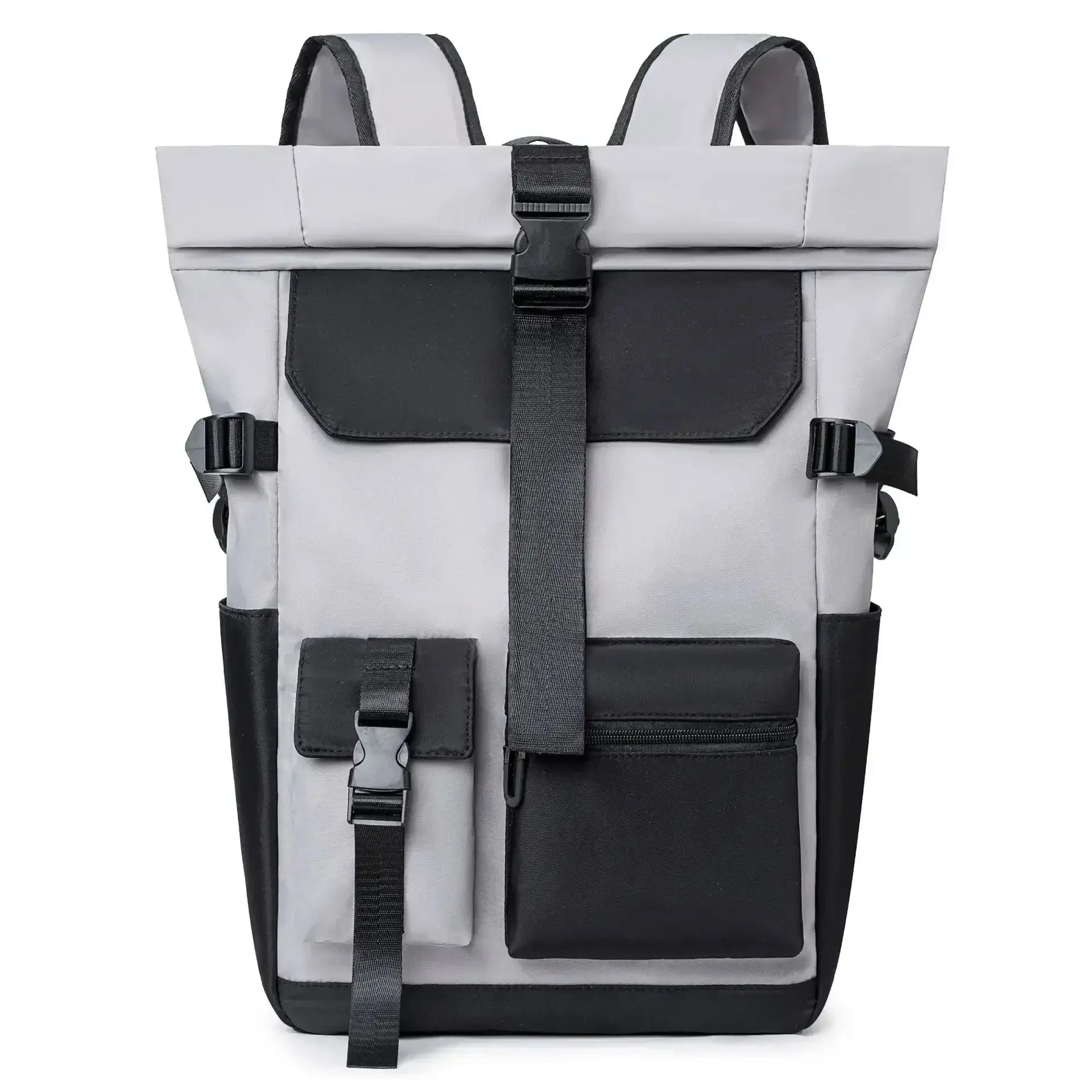 Sac à dos à fermeture enroulable en gris clair avec détails noirs, photographié de face pour présenter ses compartiments pratiques et son design moderne.