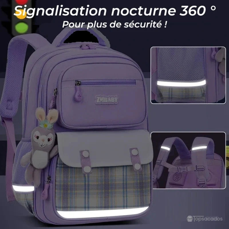 Sac à dos fille CP violet avec bandes réfléchissantes visibles de nuit pour plus de sécurité, environnement sombre
