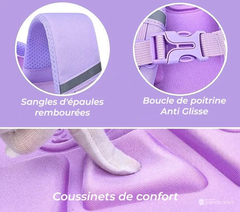 Sac à dos fille CP avec bretelles rembourrées, boucle de poitrine anti-glisse et coussinets de confort, zoom sur les détails