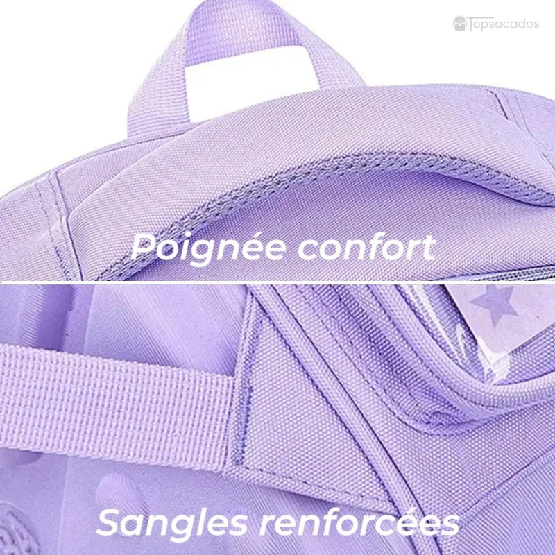 Sac à dos fille CP avec poignée renforcée et sangles solides, gros plan sur les finitions supérieures