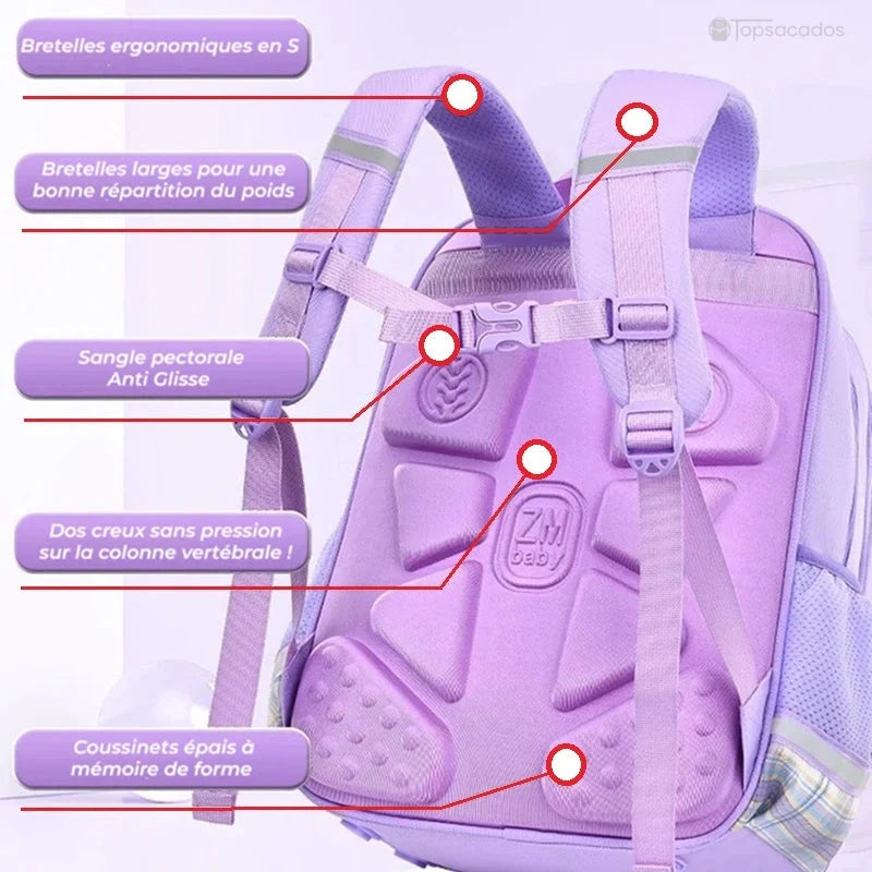 Sac à dos fille CP avec dos à coussinets mémoire de forme, bretelles en S et sangle pectorale anti-glisse