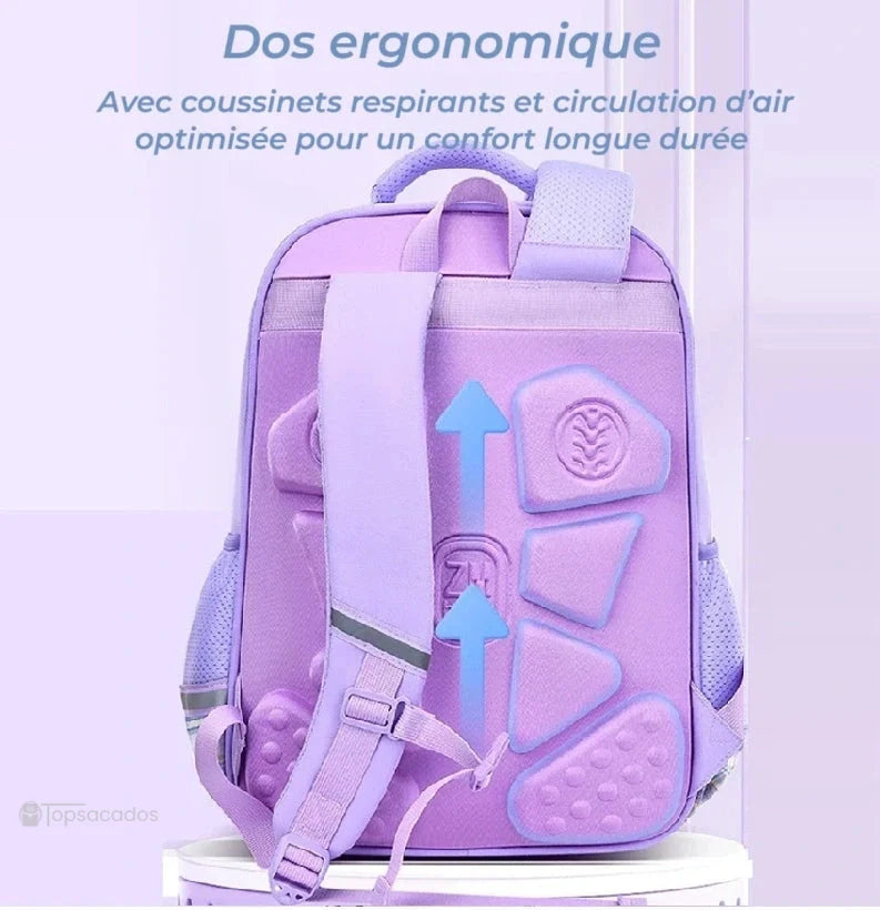 Sac à dos fille CP avec dos ergonomique et coussinets respirants, flèches bleues indiquant la circulation d'air