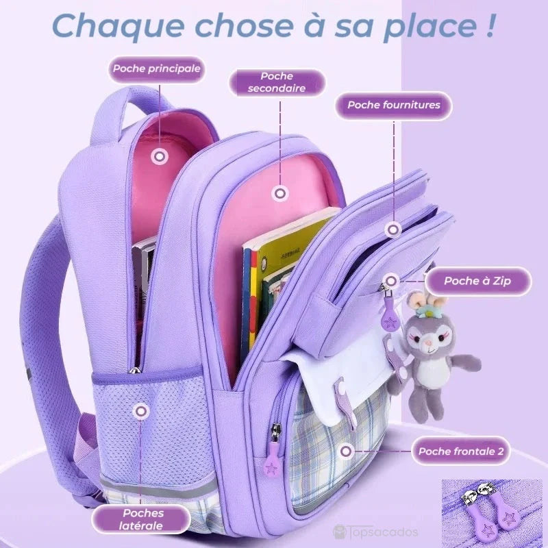 Sac à dos fille CP violet ouvert montrant toutes les poches étiquetées pour une organisation optimale