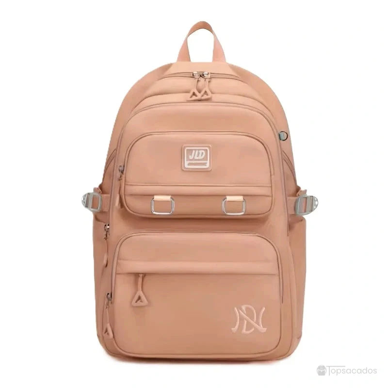 Sac à dos fille orange clair avec bretelles ajustables et grandes poches frontales à clips métalliques