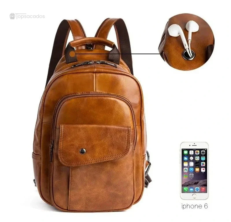 Sac à dos homme cuir de vachette avec sortie écouteurs pratique près de la poignée, illustré avec iPhone 6 pour échelle, sur fond blanc.