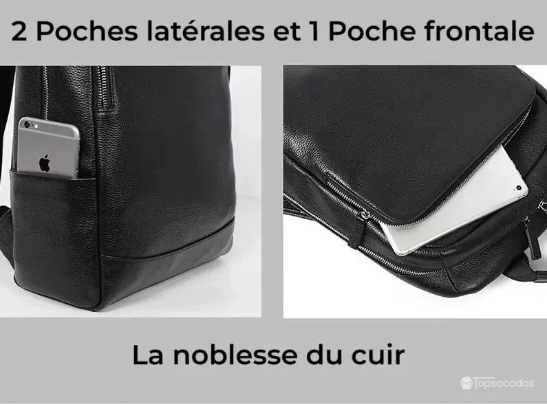 Sac à dos homme cuir - détails des poches latérales et frontale, montrant un téléphone et une tablette insérés, avec texte illustratif sur la noblesse du cuir.