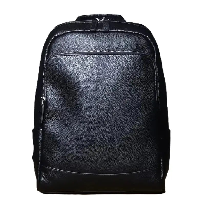 Sac à dos homme cuir noir en cuir véritable avec finition grainée, présenté de face sur fond blanc, idéal pour un usage quotidien élégant et professionnel.