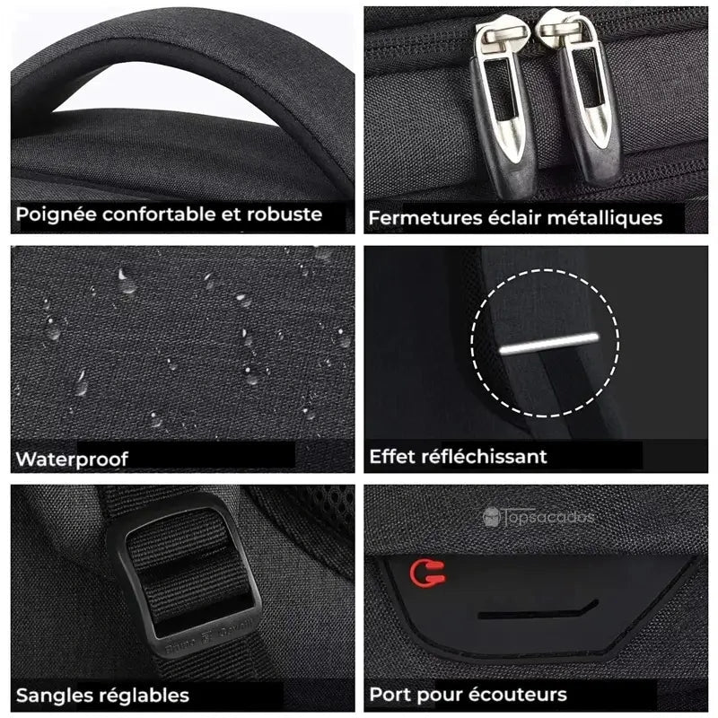 Sac à dos Homme ville avec fermetures métalliques, tissu waterproof, port pour écouteurs et sangles réglables.