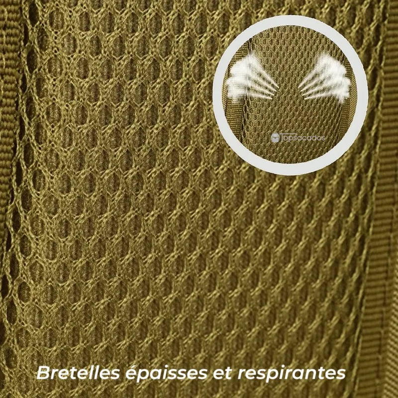 Sac à dos homme voyage détail des bretelles épaisses et respirantes en maille alvéolée, confort optimisé pour le dos