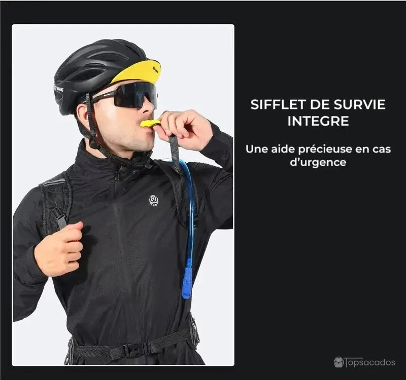 sac à dos 16 l avec sifflet de survie intégré, utilisé par un cycliste équipé pour les situations d’urgence