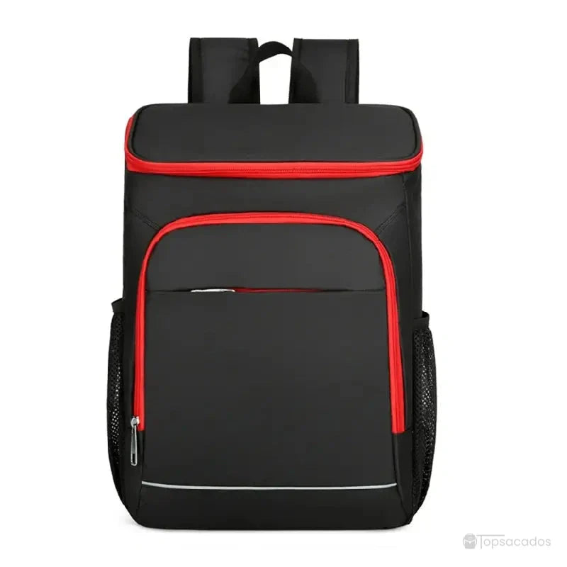 sac à dos isotherme 30 litres noir avec liserés rouges, présenté de face sur fond blanc