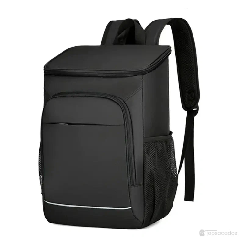 sac à dos isotherme 30 litres noir avec poche frontale et bretelles rembourrées, vue de côté