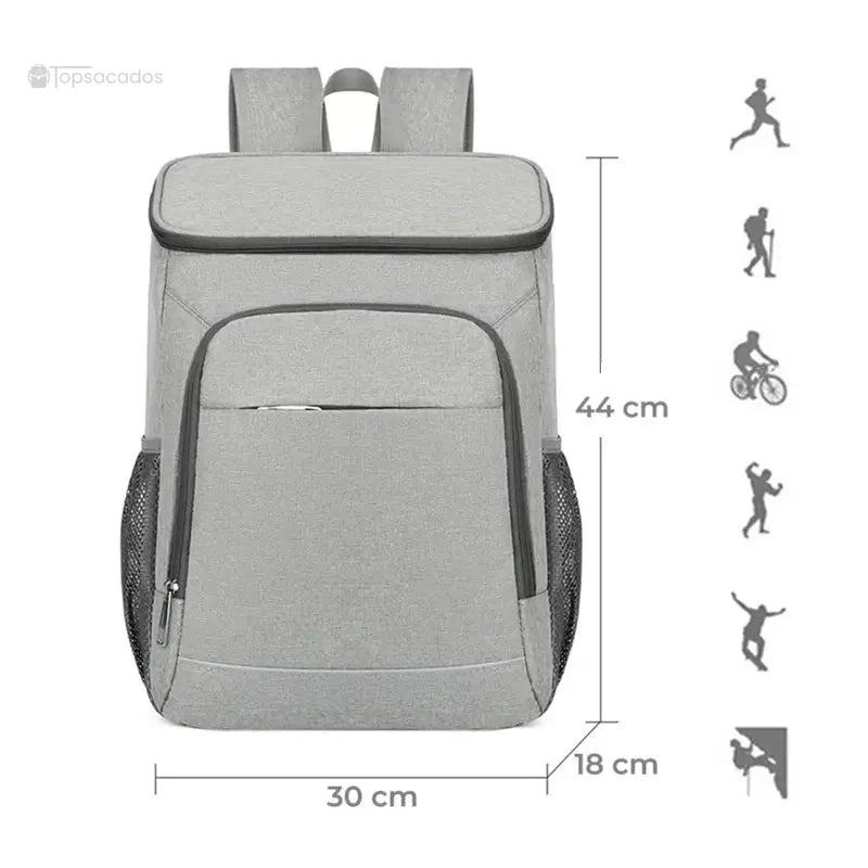 sac à dos isotherme 30 litres gris avec dimensions 44 cm x 30 cm x 18 cm, adapté pour sport et activités outdoor
