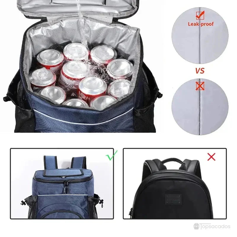 Sac à dos isotherme contenant plusieurs canettes avec intérieur imperméable, comparatif de coutures étanches pour éviter les fuites.