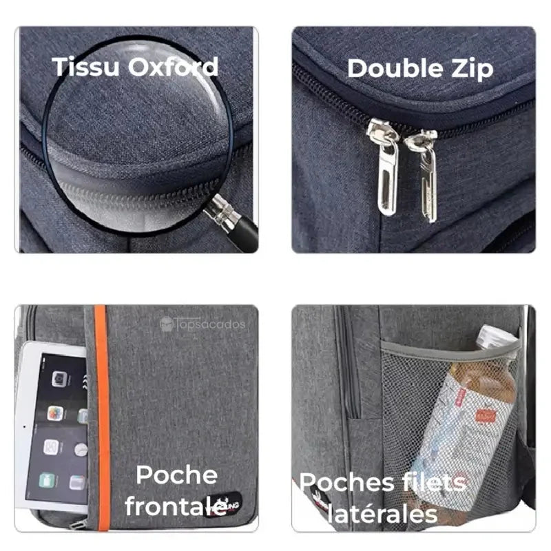 Sac à dos isotherme repas en tissu Oxford gris foncé, détails en gros plan sur la double fermeture éclair, la poche frontale et les poches filets latérales.