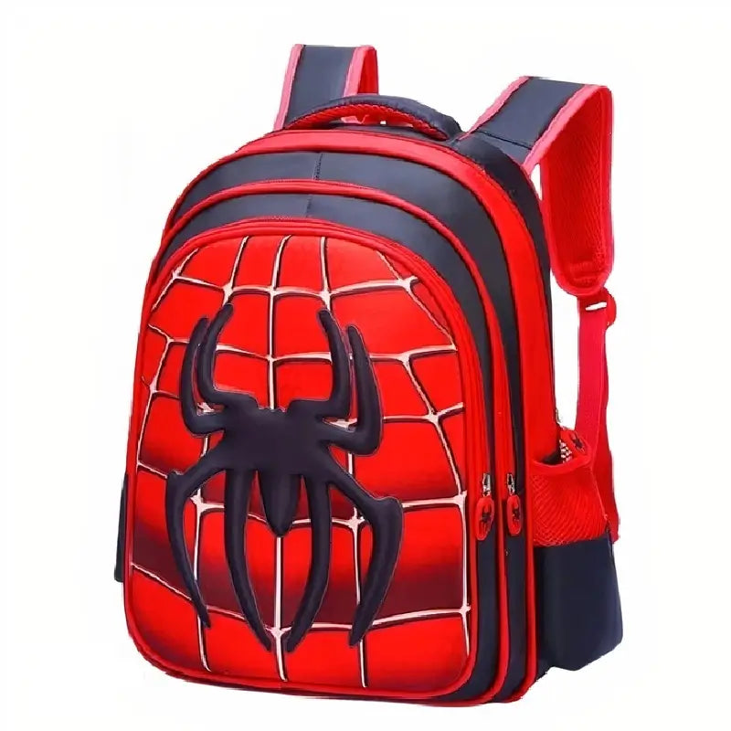 Sac à dos maternelle araignée rouge et noir avec motif toile d’araignée en relief, photographié en vue de face sur fond neutre.