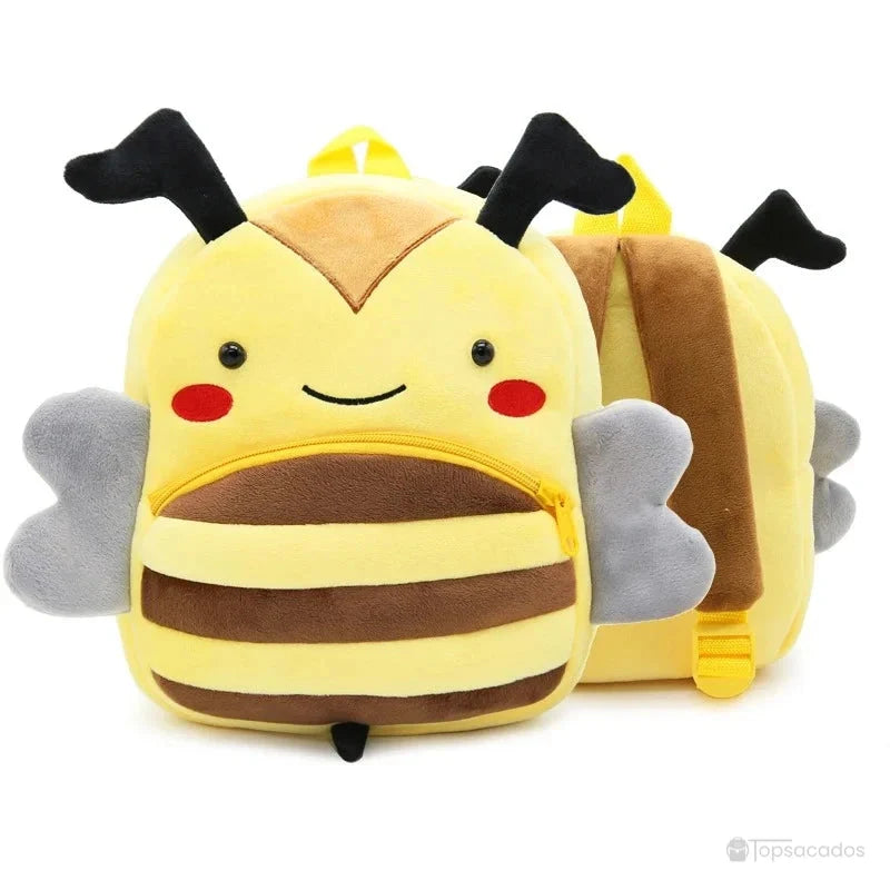 Sac à dos maternelle fille en peluche jaune et marron en forme d’abeille souriante avec ailes grises et antennes noires, parfait pour les sorties.