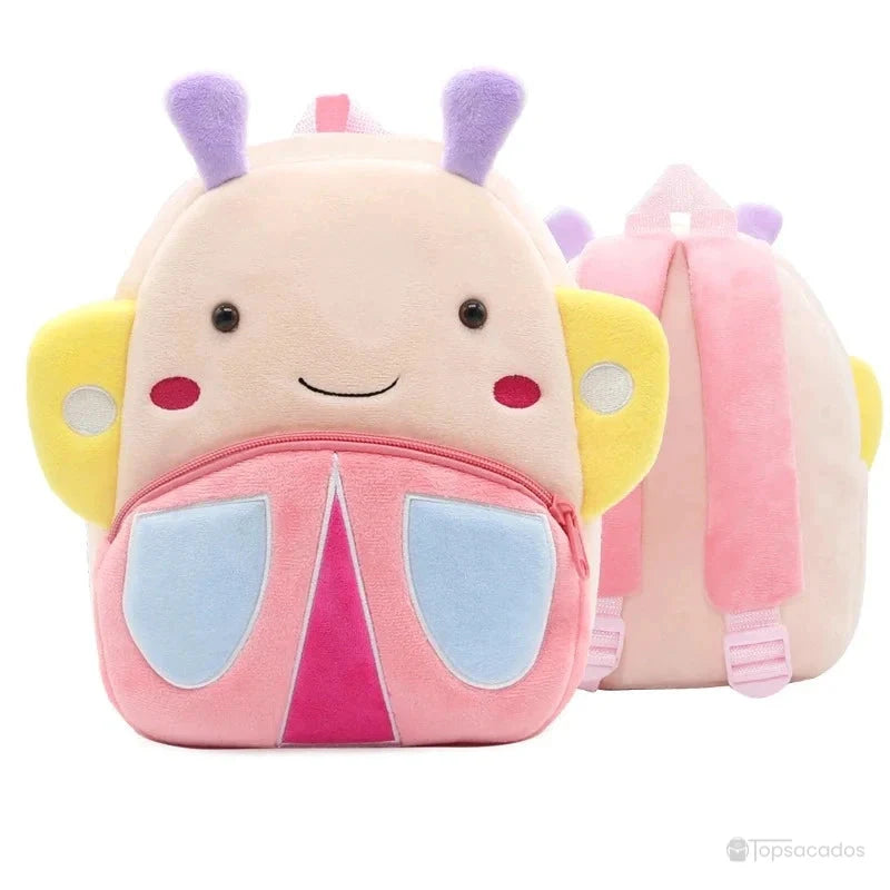 Sac à dos maternelle fille doux en forme de papillon rose avec antennes violettes et ailes colorées, conçu pour les enfants en bas âge.