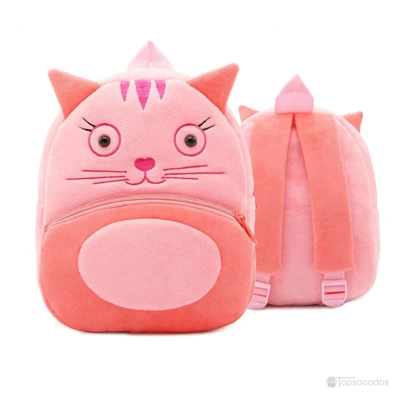 Sac à dos maternelle fille rose en forme de chat mignon avec yeux ronds, moustaches et fermeture frontale pratique, pour la crèche ou les balades.