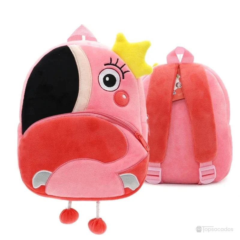 Sac à dos maternelle fille rose en forme de flamant rose avec couronne jaune et pattes pendantes, design amusant et original.
