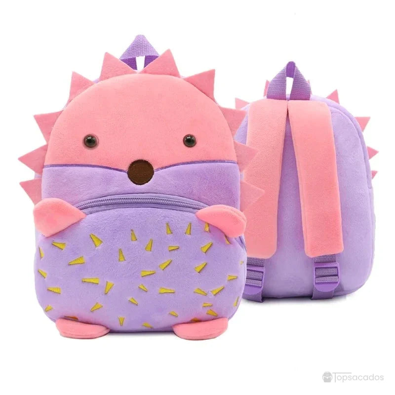 Sac à dos maternelle fille en peluche rose et violette en forme de hérisson rigolo avec petits piquants décoratifs jaunes, idéal pour la crèche.