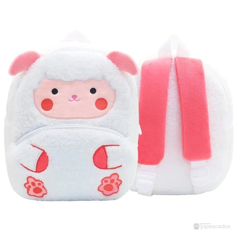 Sac à dos maternelle fille blanc en peluche douce en forme d’agneau avec oreilles et pattes roses, conçu pour les tout-petits.