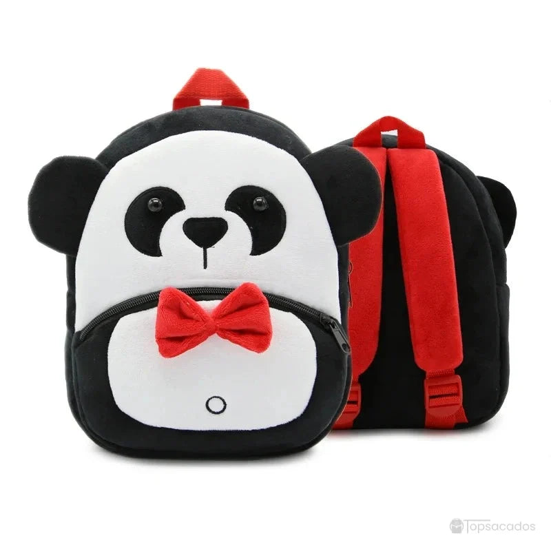 Sac à dos maternelle fille noir et blanc représentant un panda mignon avec nœud papillon rouge, adapté aux activités quotidiennes.