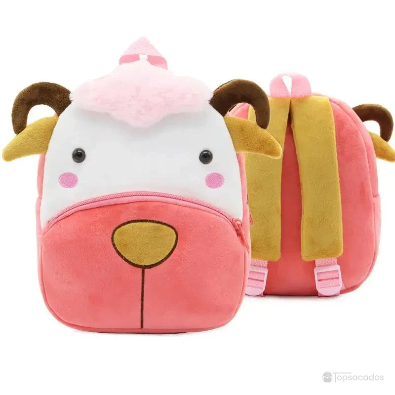 Sac à dos maternelle fille rose avec visage de mouton et cornes bouclées, peluche douce et bretelles jaunes, conçu pour les enfants de maternelle.