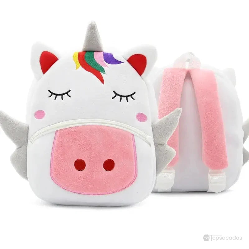 Sac à dos maternelle fille blanc en peluche douce en forme de licorne avec crinière multicolore, ailes grises et grandes oreilles roses.