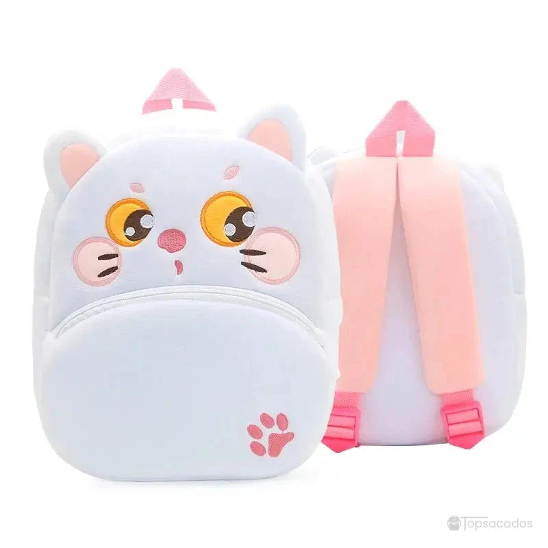 Sac à dos maternelle fille blanc en peluche en forme de chat avec grands yeux jaunes expressifs et petite patte rose brodée sur le bas.