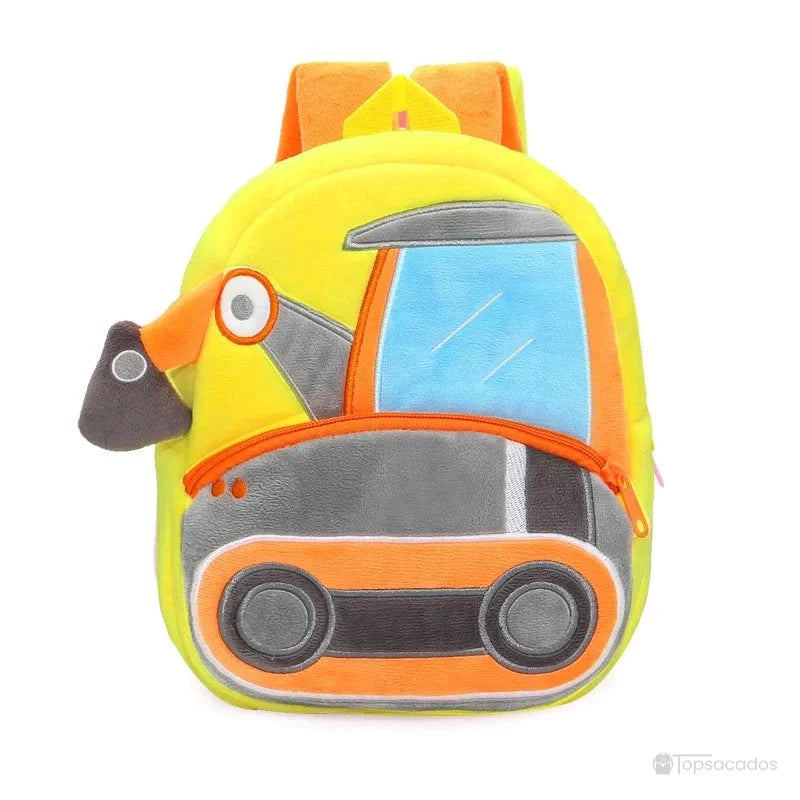 Sac à dos maternelle garçon jaune avec un motif d’engin de chantier type pelleteuse, équipé de grandes roues brodées et d’une fermeture orange robuste.