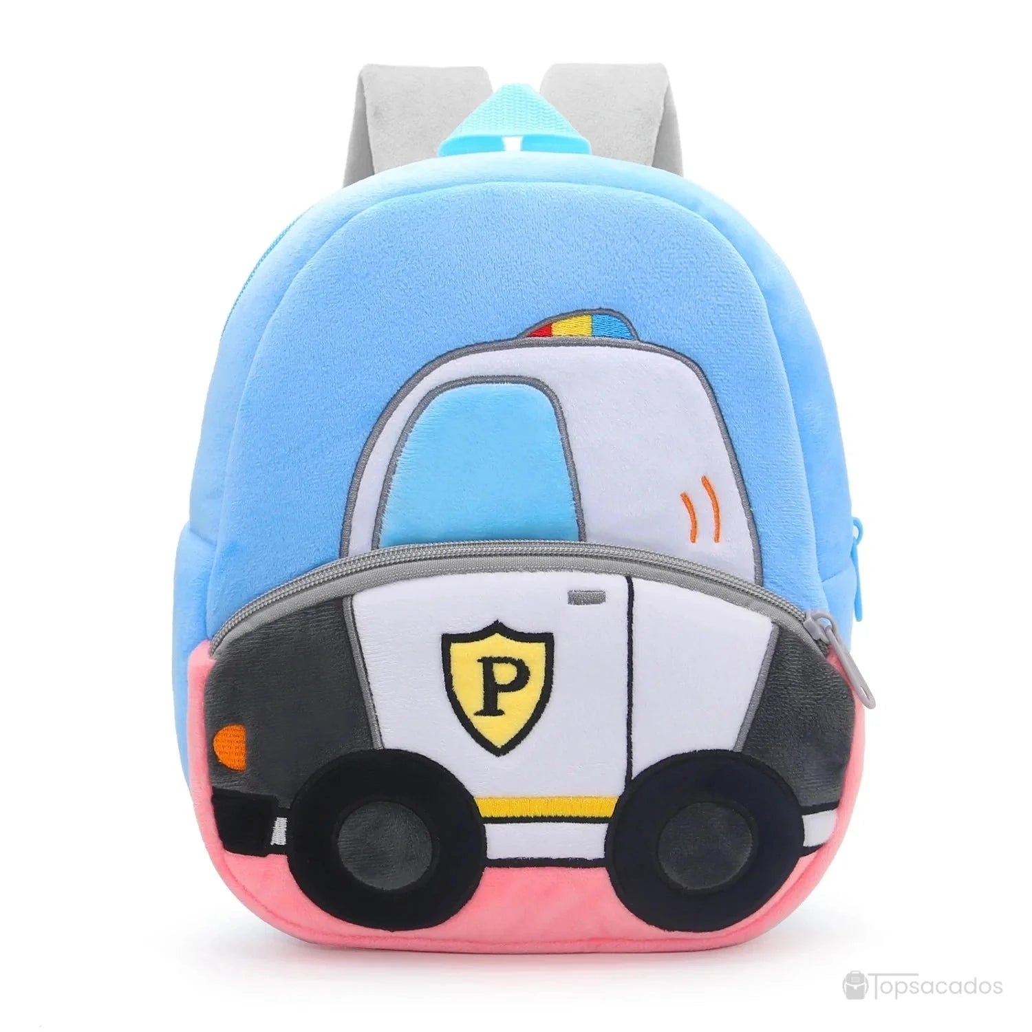 Sac à dos maternelle garçon bleu et rose avec motif de voiture de police brodée, parfait pour les enfants fans de véhicules d’intervention.