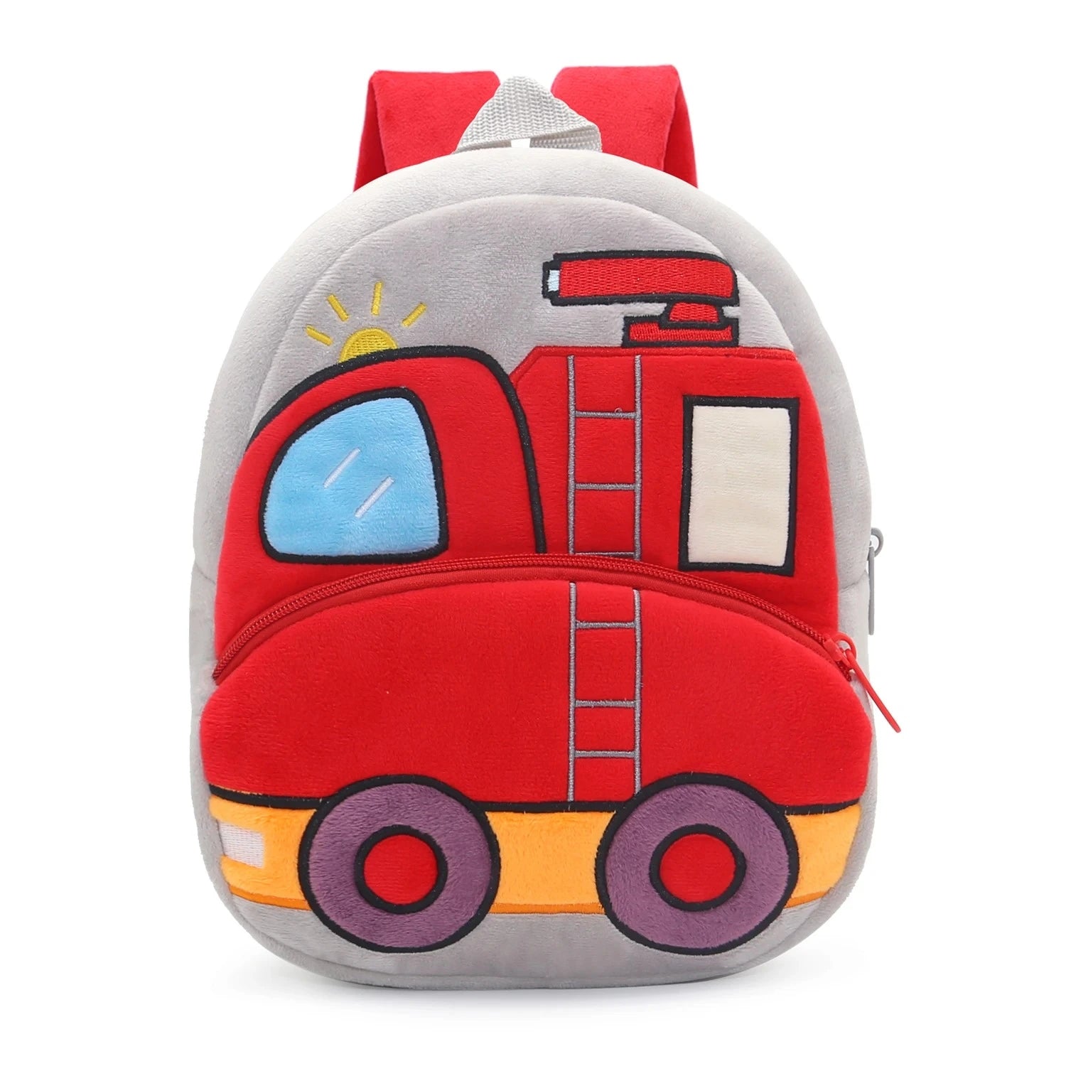 Sac à dos maternelle garçon avec camion de pompier rouge brodé, échelle et soleil, idéal pour les petits aventuriers en herbe.