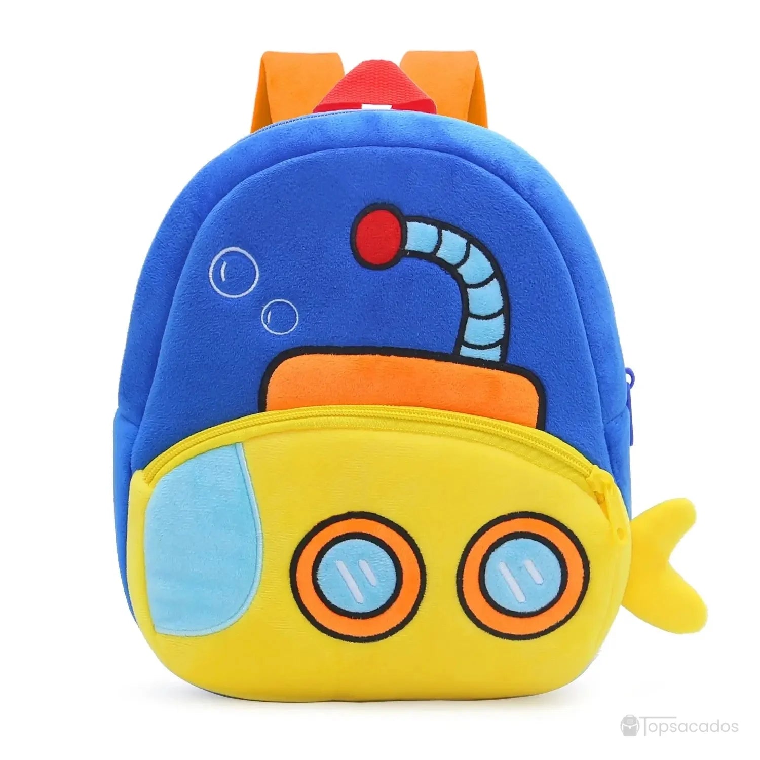 Sac à dos maternelle garçon en forme de sous-marin jaune et bleu avec hublots ronds brodés et petit aileron à l’arrière.