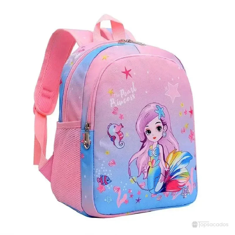Sac à dos maternelle licorne ou sirene avec sirène aux cheveux violets et coquillages colorés, décor marin féérique