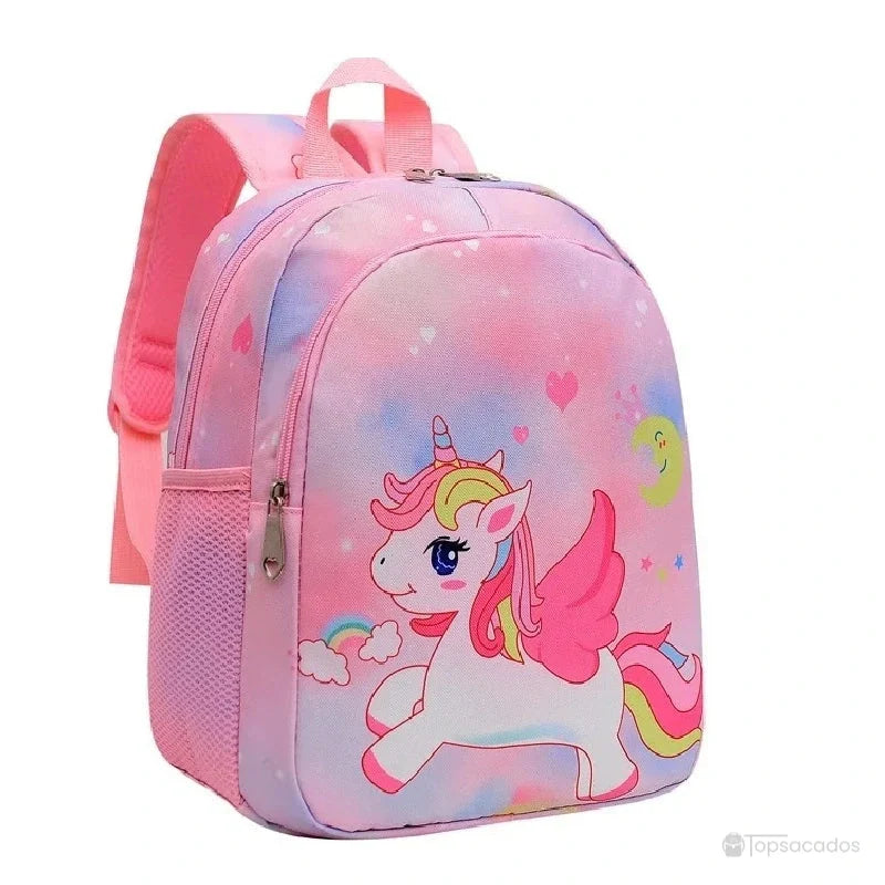 Sac à dos maternelle licorne ou sirene rose clair avec licorne arc-en-ciel, présenté en vue de trois-quarts