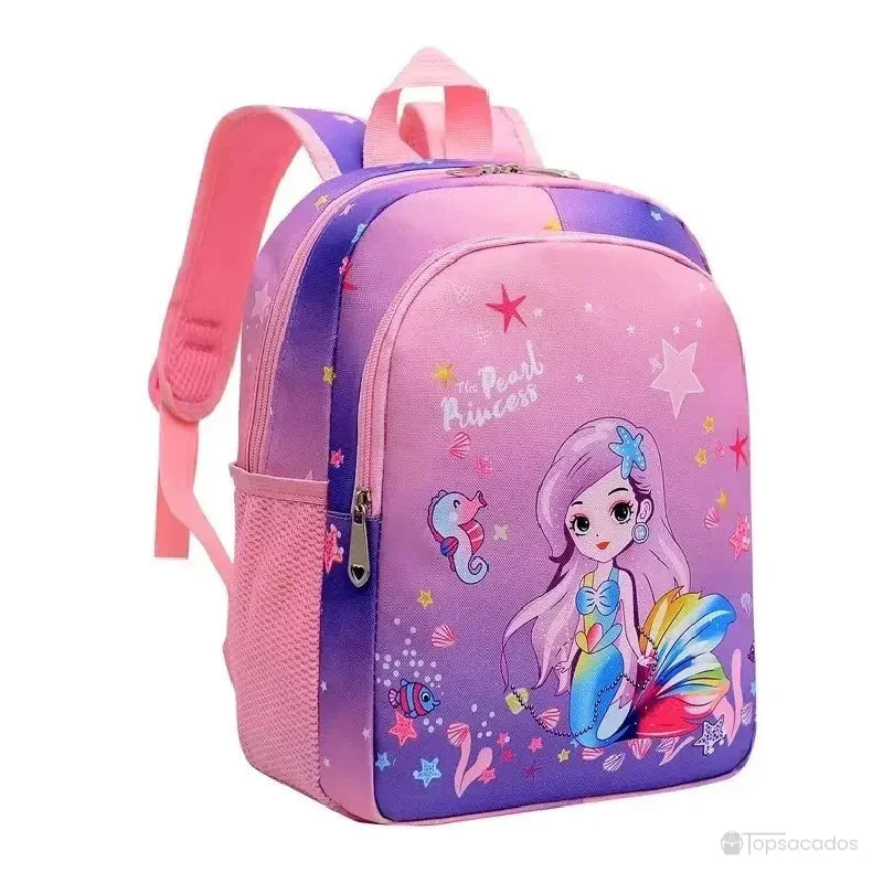 Sac à dos maternelle licorne ou sirene avec illustration de sirène et hippocampe, dégradé rose et violet scintillant