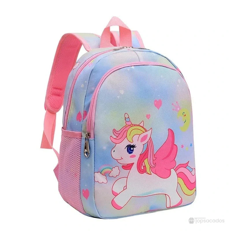 Sac à dos maternelle licorne ou sirene bleu ciel avec licorne rose et arc-en-ciel, décor étoilé et fond pastel