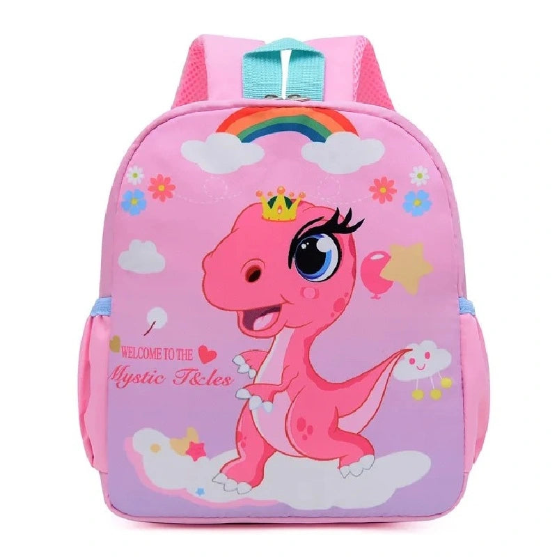 Sac à dos maternelle rose avec dinosaure couronné, arc-en-ciel, fleurs et nuages, ambiance féerique pour petite fille