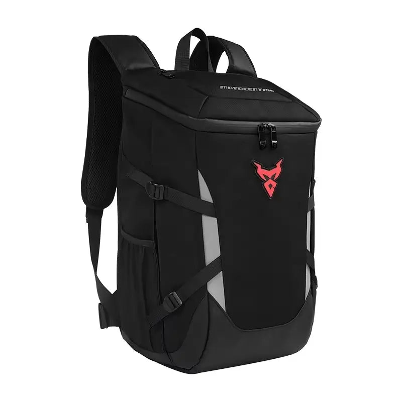 Sac a dos moto étanche noir avec logo rouge fluo, affiché de profil sur fond blanc, doté de sangles latérales et de compartiments discrets.