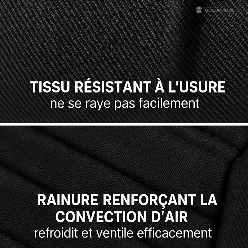 Sac à dos moto en fibre de carbone en gros plan sur tissu résistant à l’usure et rainures d’aération favorisant la ventilation dorsale.
