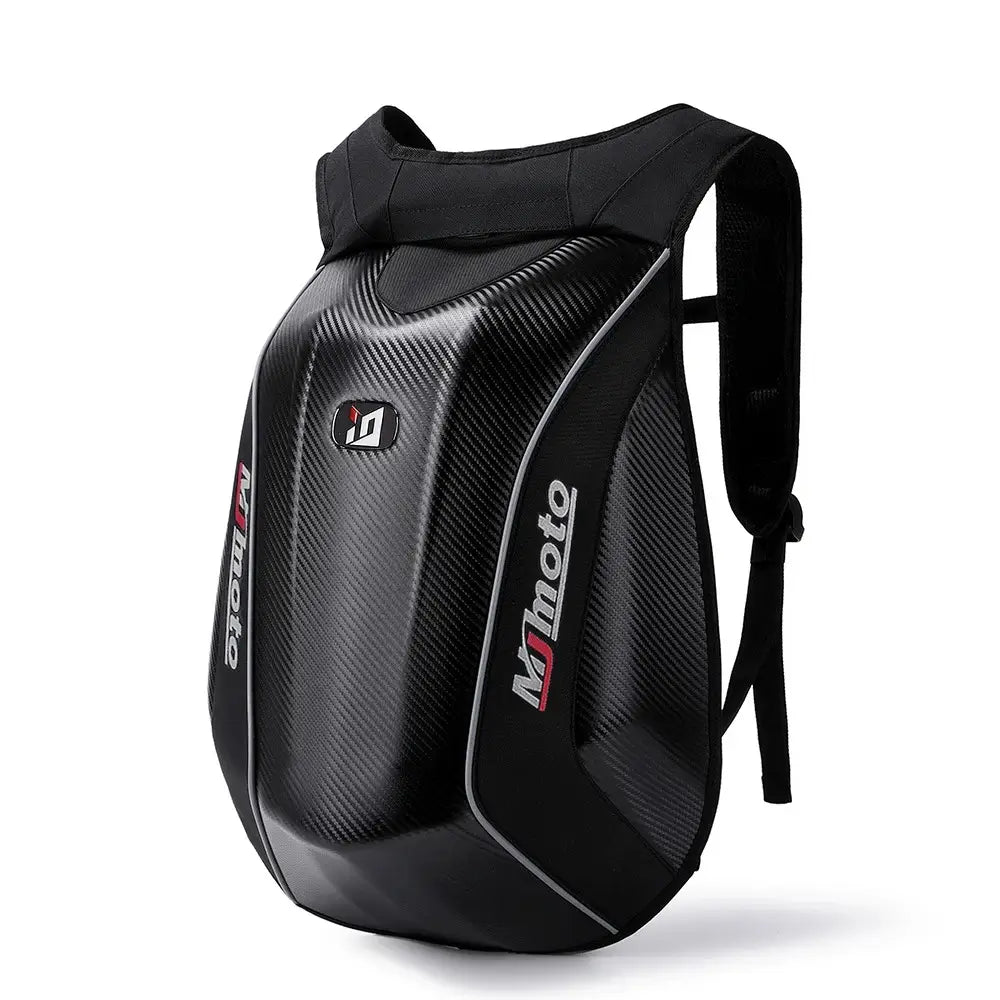 Sac à dos moto en fibre de carbone avec design aérodynamique noir et gris, léger et ergonomique, idéal pour les déplacements à deux-roues.