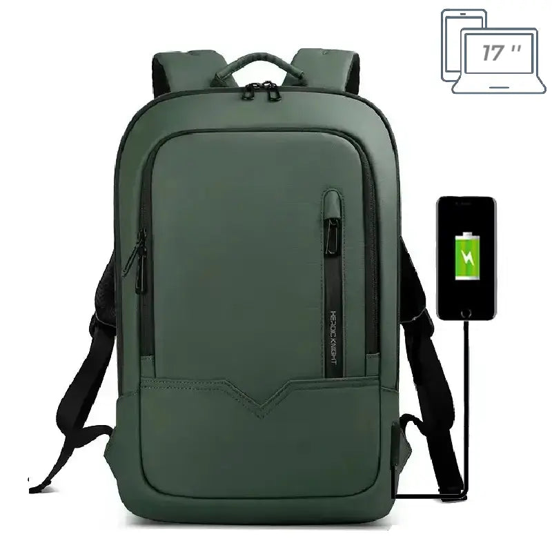 Sac à dos ordinateur 17 pouces vert avec câble USB connecté à un téléphone, idéal pour les utilisateurs nomades.