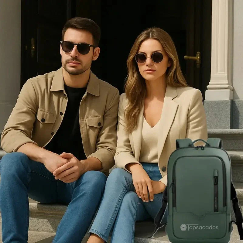 Sac à dos ordinateur 17 pouces porté en contexte urbain par un couple assis sur des marches, soulignant son élégance unisexe.