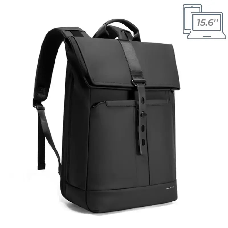 Sac à dos ordinateur étanche noir moderne avec fermeture à sangle, idéal pour le travail ou les déplacements professionnels.