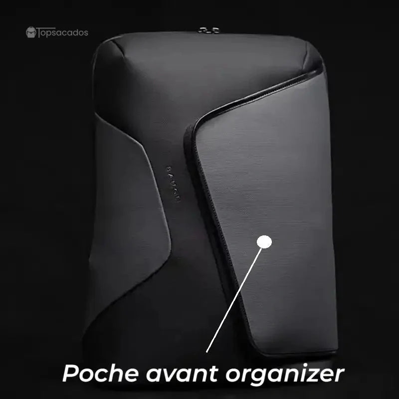 Sac à dos ordinateur portable design vu de face avec indication de la poche avant organizer intégrée et accessible.