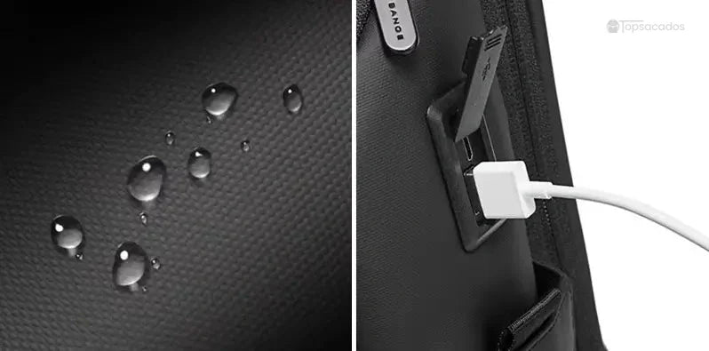 Sac a dos ordinateur portable équipé d'un port USB  résistant à l'eau avec tissu déperlant noir et gouttes visibles sur la surface, mettant en valeur sa protection contre la pluie.