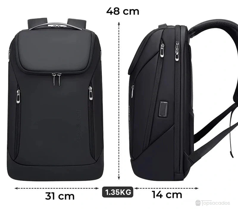 Sac a dos ordinateur portable noir vu de face et de profil avec mesures affichées de 48 cm de haut, 31 cm de large et 14 cm de profondeur, poids de 1,35 kg.